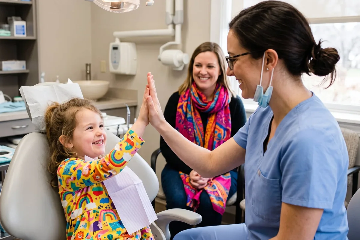 A female pediatric dentist high-fiving a smiling kid after a comfortable dental crowns consultation