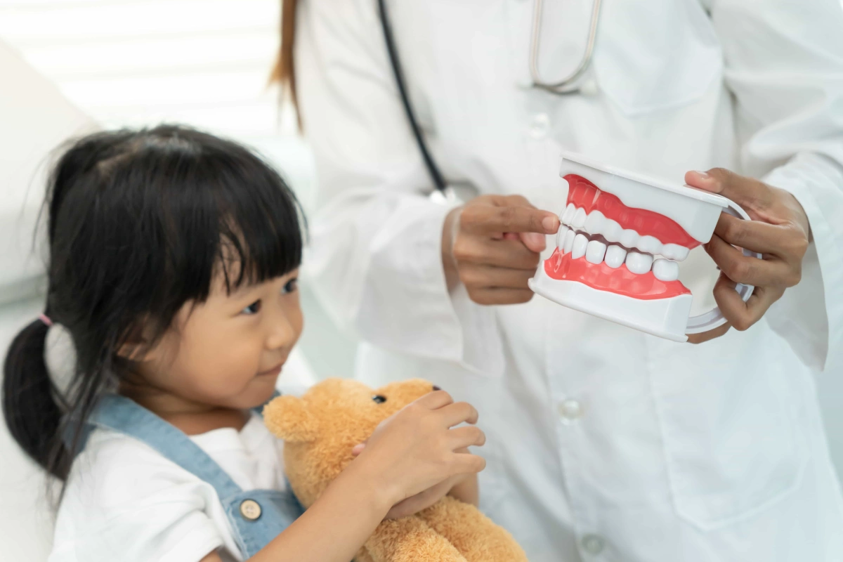 Dentist demonstrating oral hygiene care to a child during a first dental check-up